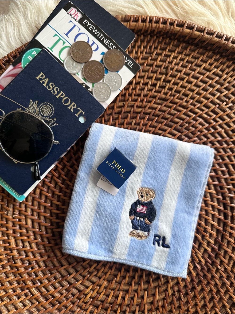 Polo Ralph Lauren Blue & White Striped Bear Japan Hanker-chief Towel New Tags